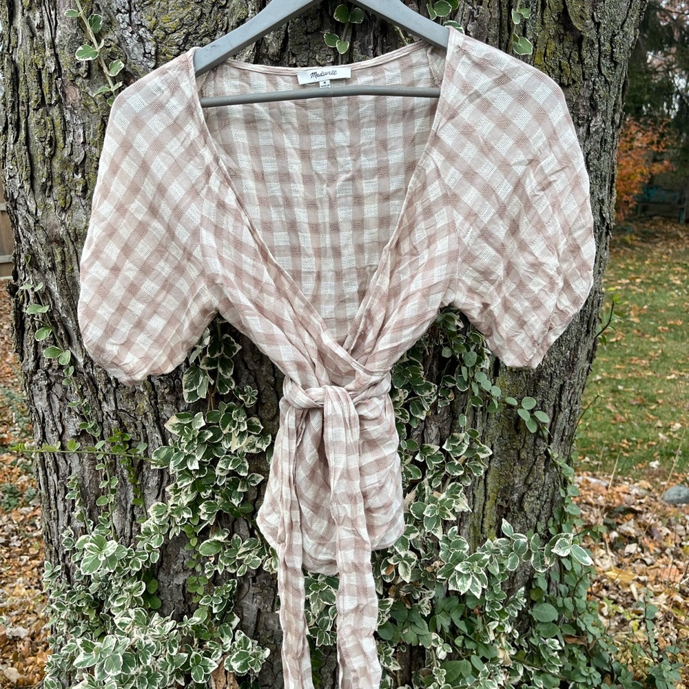 Madewell Checkered Wrap Blouse - Cream and tan